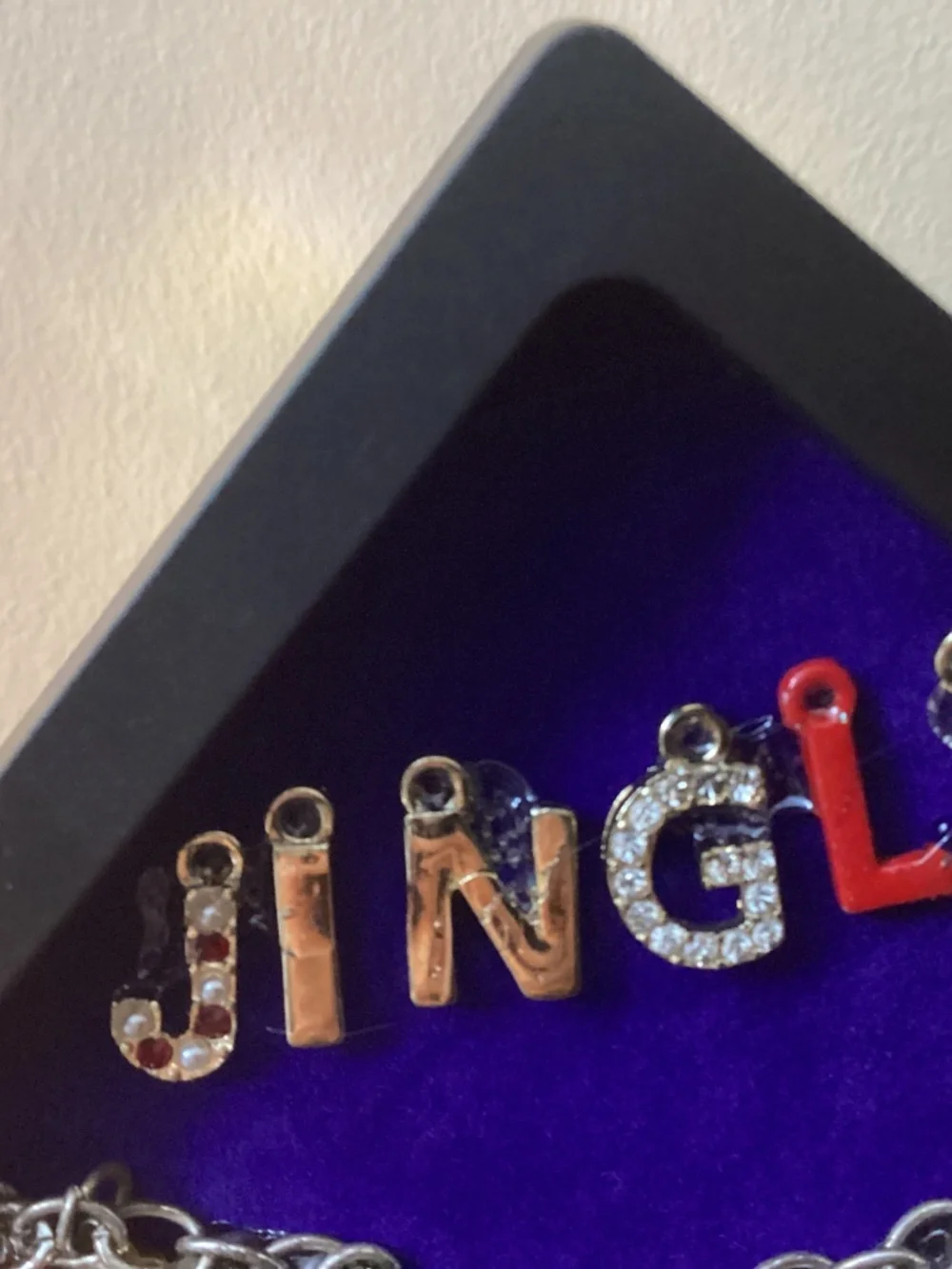 Upcycled jewelry made in art jingle bells Christmas tree charms beads framed
